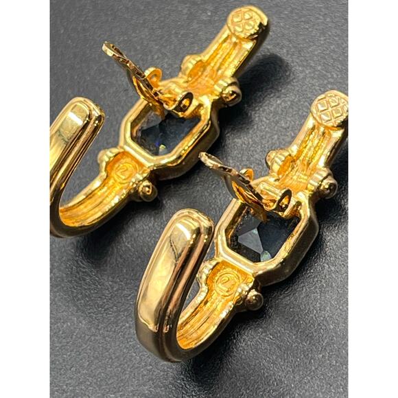 Swarovski Swan Vintage Gold Tone Pave Blue Bezel Crystal Half Hoop Clip Earring - Picture 6 of 8